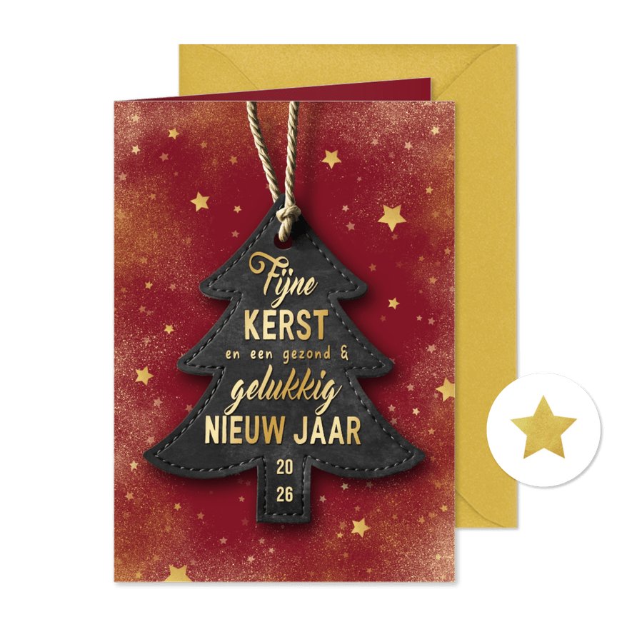 Zakelijke kerstkaart kerstboom label goud sterren beste wens - Kaartimpressie