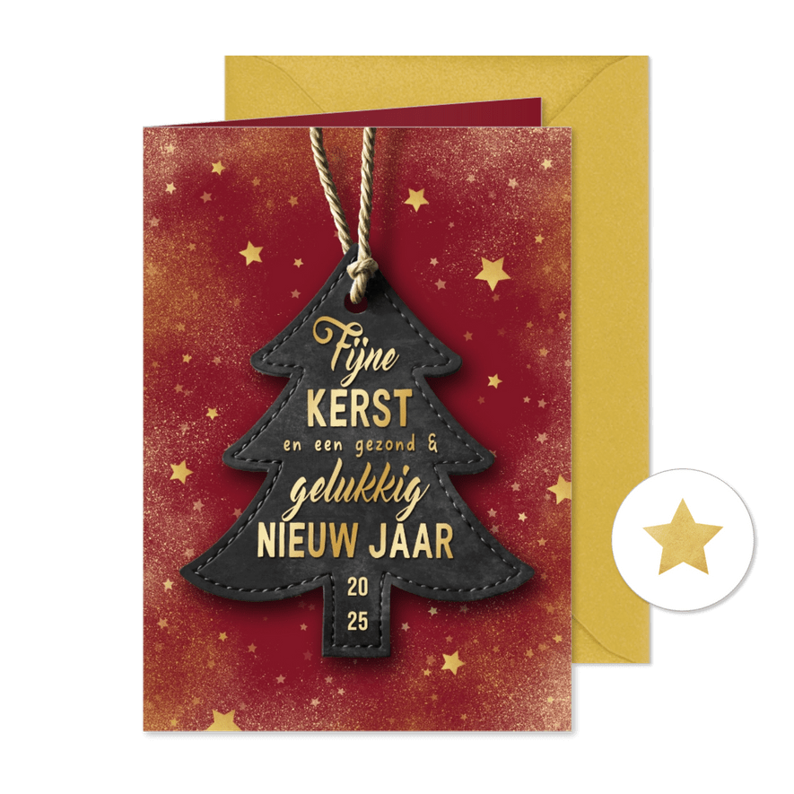 Zakelijke kerstkaart kerstboom label goud sterren beste wens - Kaartimpressie