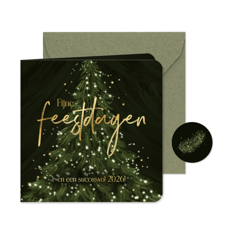 Zakelijke kerstkaart kerstboom lampjes goud sterren - Kaartimpressie