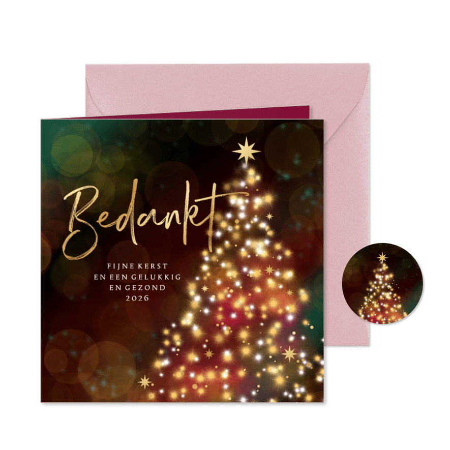 Zakelijke kerstkaart kerstboom lichtjes sterren roze bedankt - Kaartimpressie