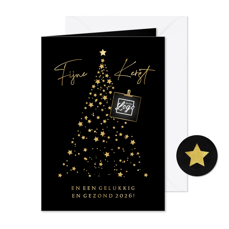 Zakelijke kerstkaart kerstboom van sterretjes logo goud - Kaartimpressie