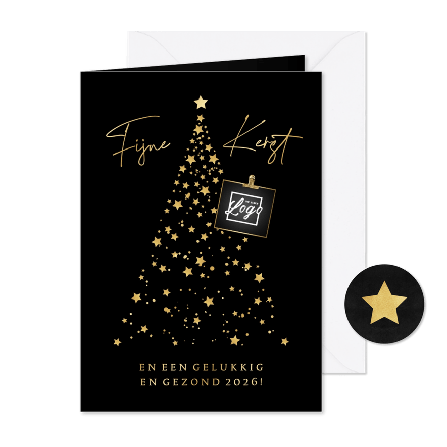 Zakelijke kerstkaart kerstboom van sterretjes logo goud - Kaartimpressie