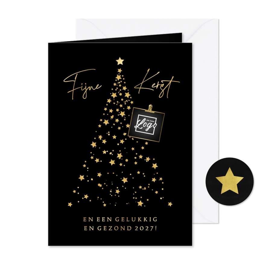 Zakelijke kerstkaart kerstboom van sterretjes logo goud - Kaartimpressie