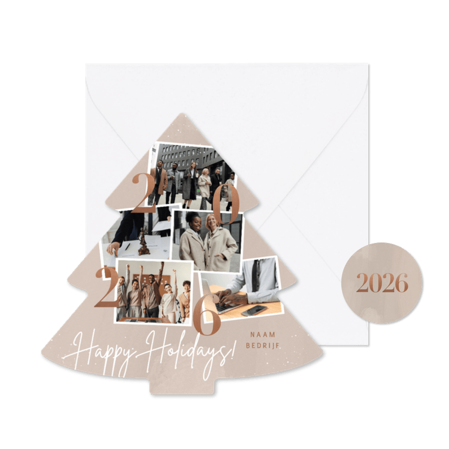 Zakelijke kerstkaart kerstboom vorm fotocollage jaartal - Kaartimpressie