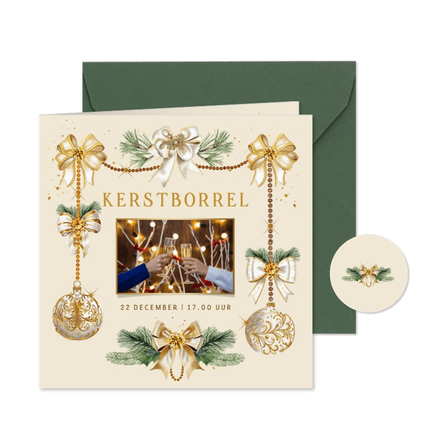 Zakelijke kerstkaart kerstborrel kerstballen met strikken - Kaartimpressie