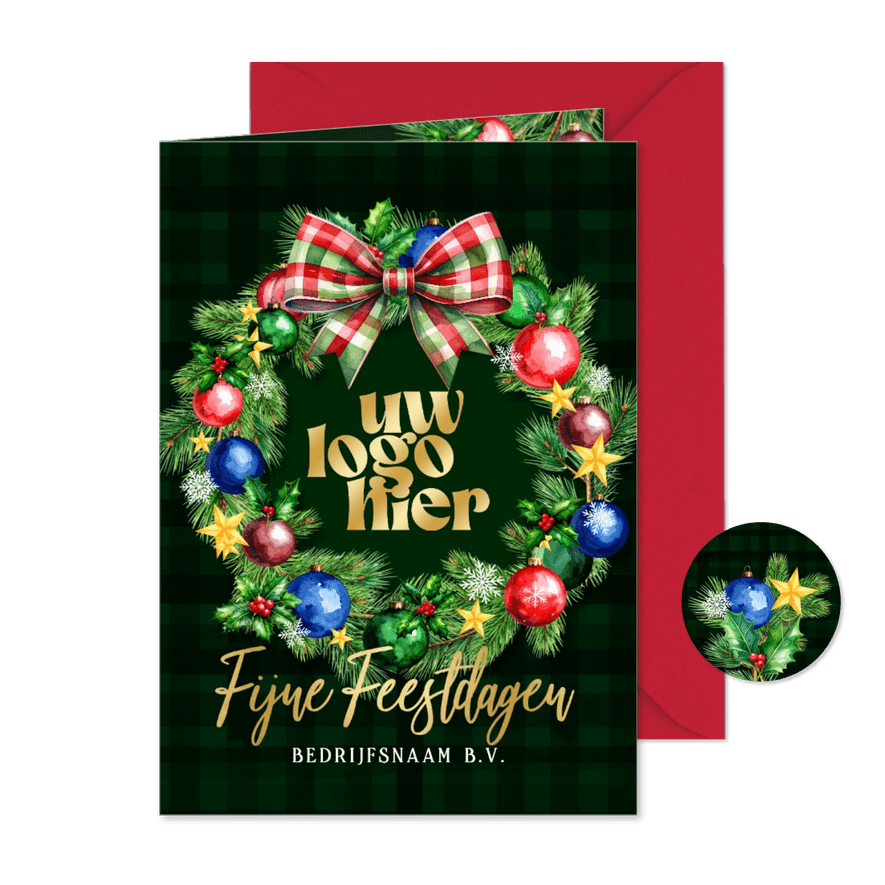 Zakelijke kerstkaart kerstkrans kerstballen en logo - Kaartimpressie