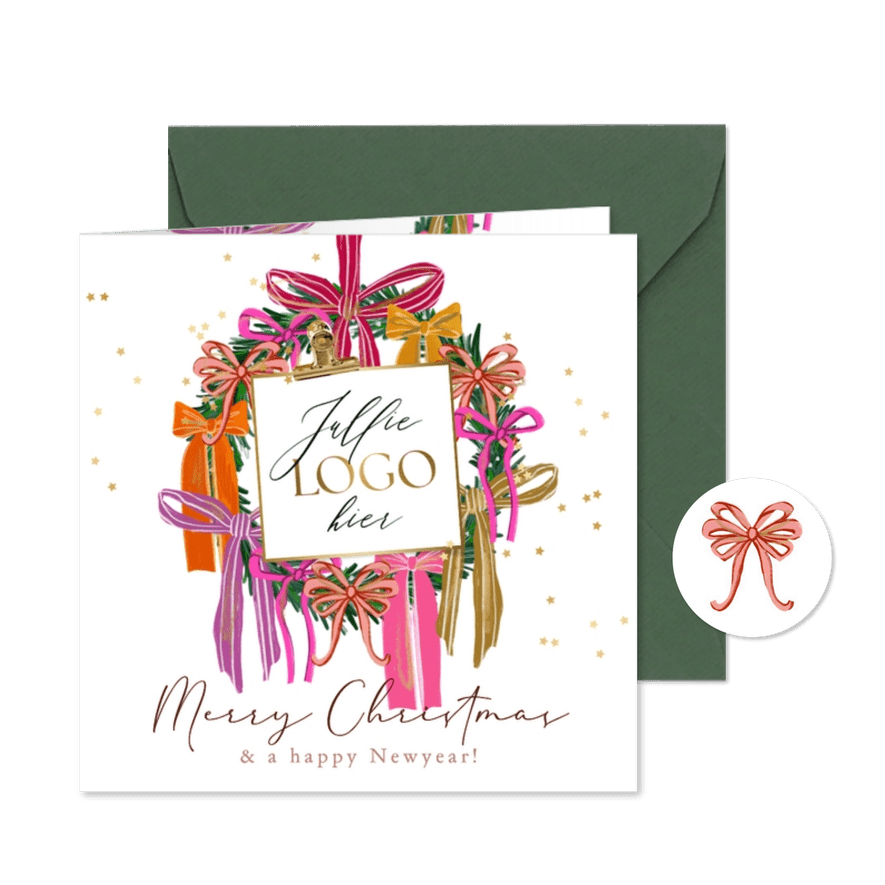 Zakelijke kerstkaart kerstkrans strikken logo sterren goud - Kaartimpressie