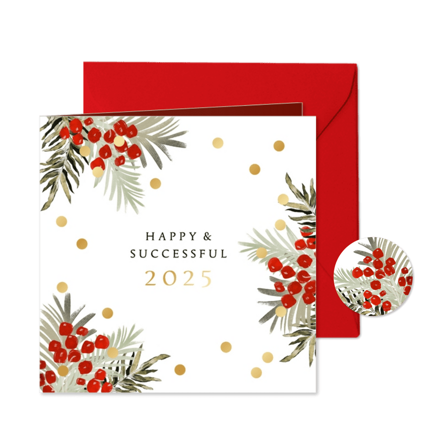 Zakelijke kerstkaart kersttakken watercolor confetti goud - Kaartimpressie