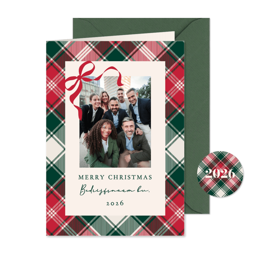 Zakelijke kerstkaart klassiek met strikje en ruit - Kaartimpressie