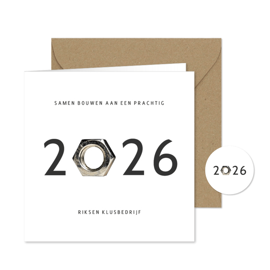 Zakelijke kerstkaart klusbedrijf jaartal 2026 moer  - Kaartimpressie