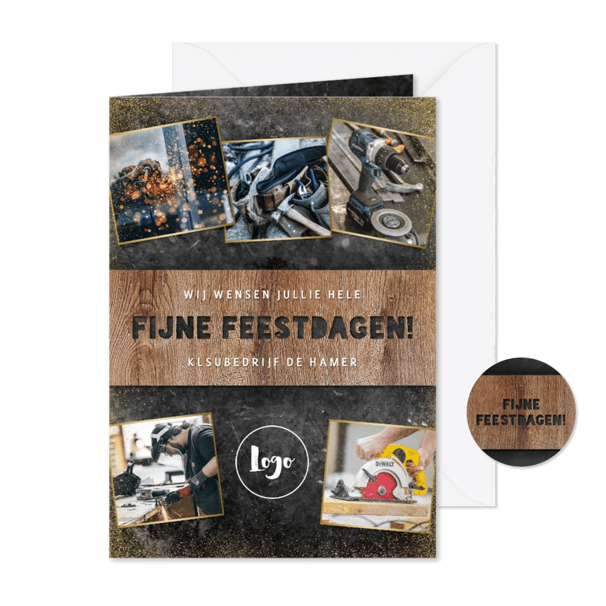 Zakelijke kerstkaart klusbedrijf met hout, beton en foto's - Kaartimpressie