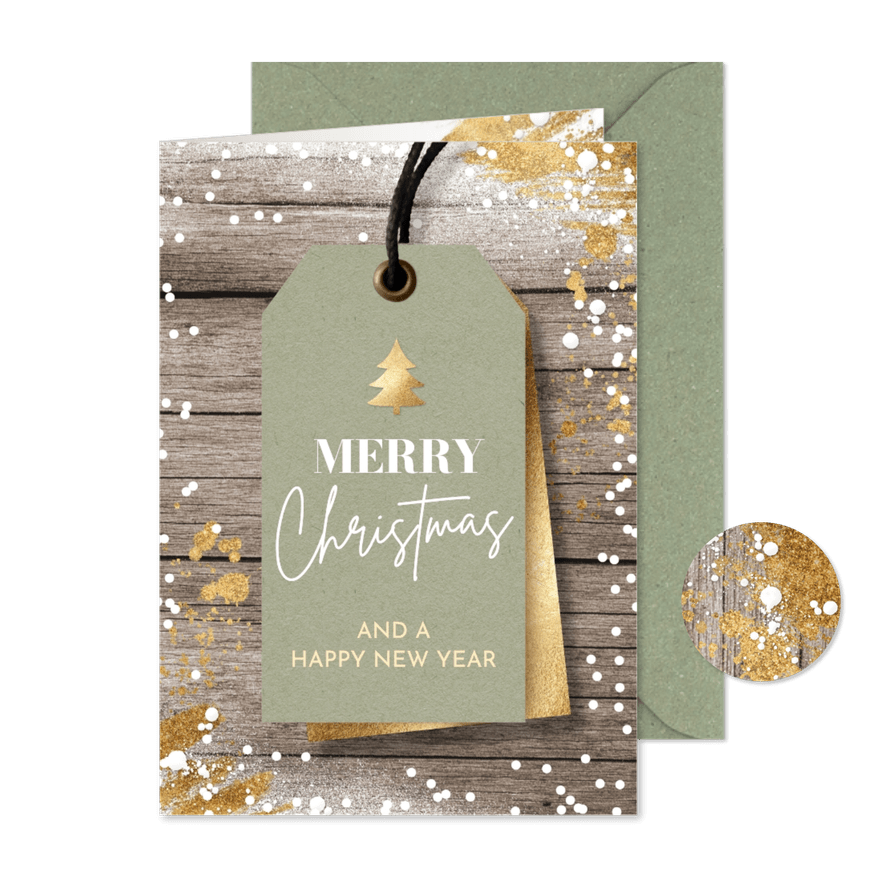 Zakelijke kerstkaart label op hout - Kaartimpressie