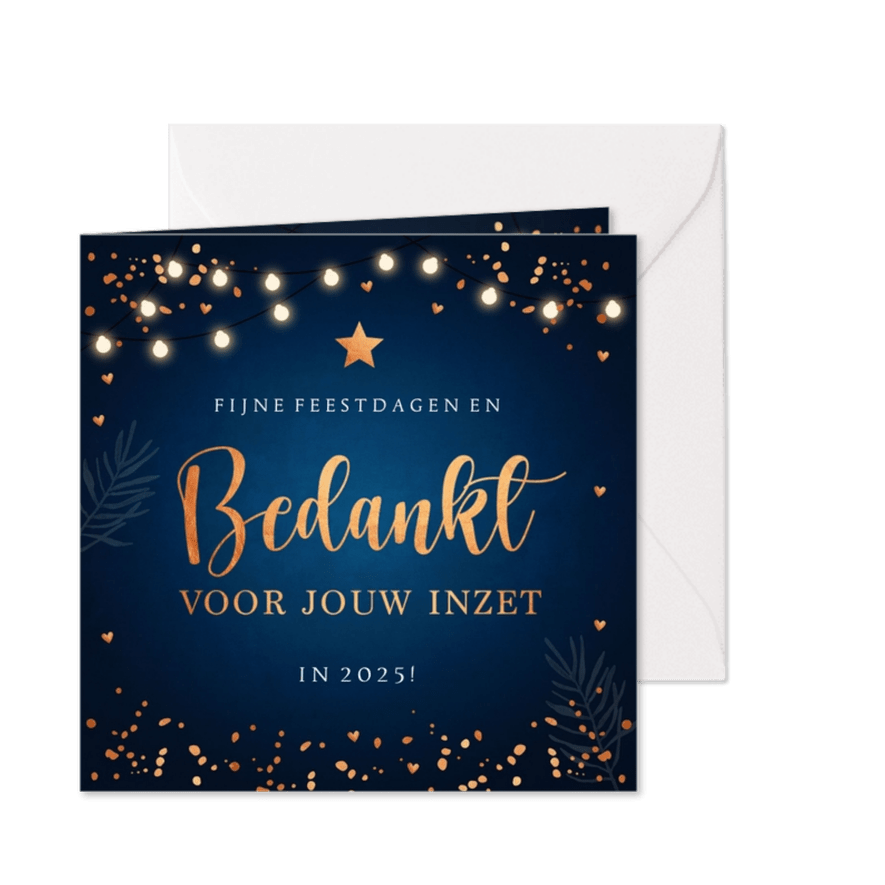 Zakelijke kerstkaart lampjes bedankt koperlook blauw - Kaartimpressie