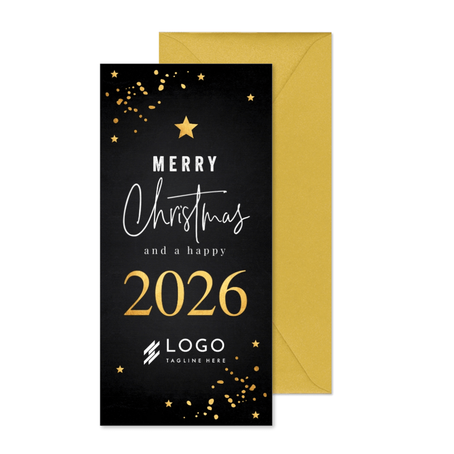 Zakelijke kerstkaart langwerpig zwart 2026 goudlook - Kaartimpressie
