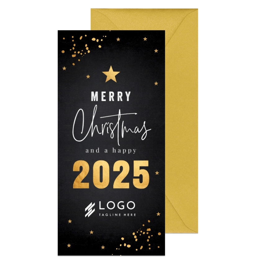 Zakelijke kerstkaart langwerpig zwart goudlook spetters logo - Kaartimpressie