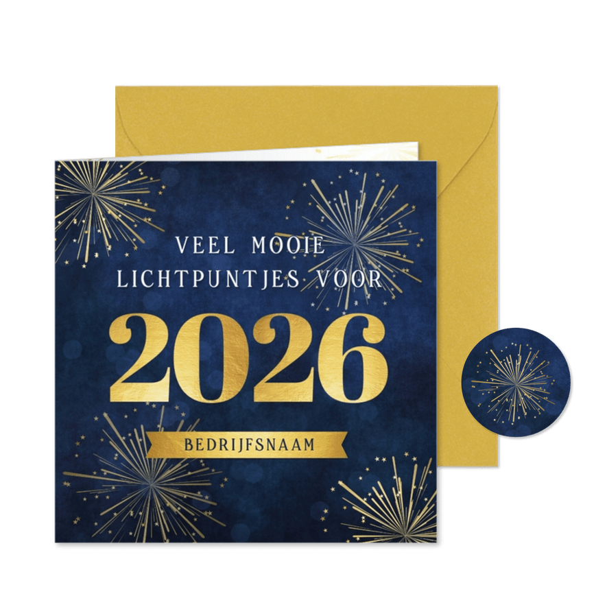 Zakelijke kerstkaart lichtpuntjes 2026 vuurwerk donkerblauw - Kaartimpressie