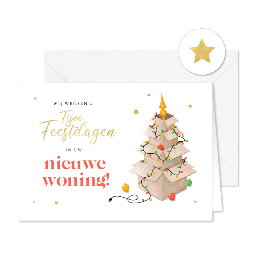 Zakelijke kerstkaart makelaar dozen nieuwe woning kerstboom - Kaartimpressie