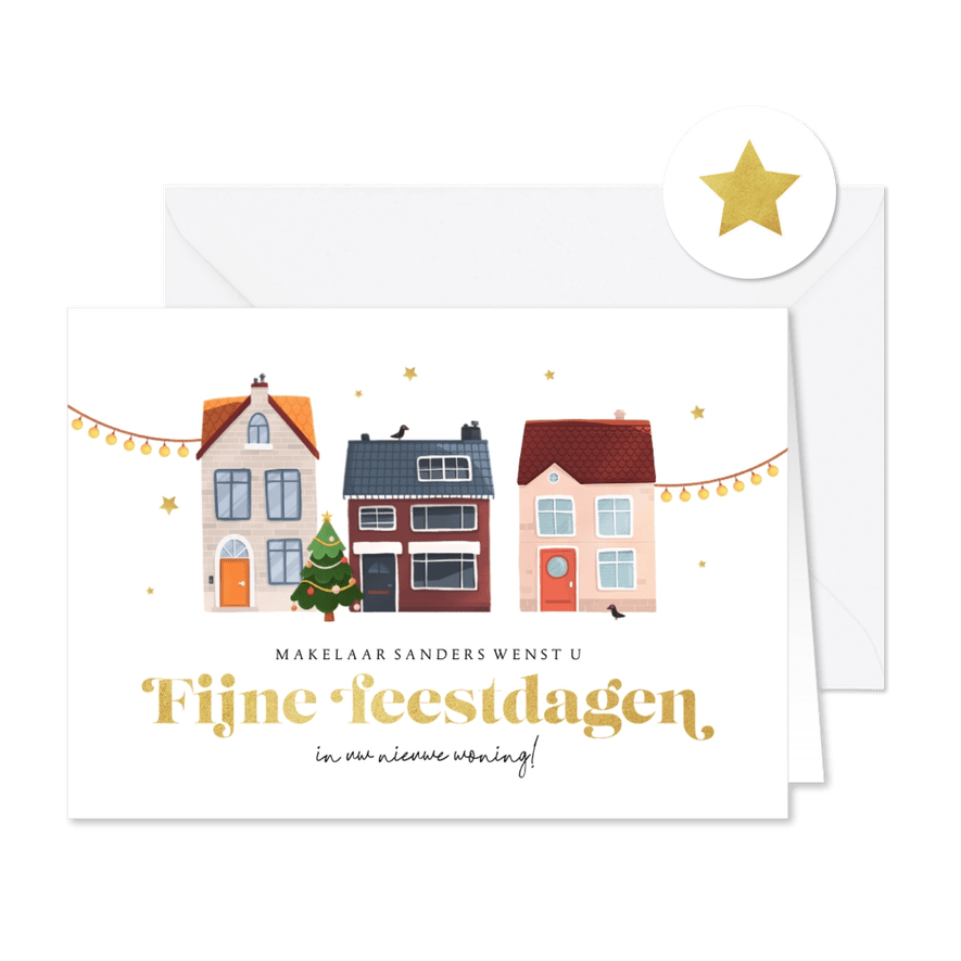 Zakelijke kerstkaart makelaar huizen sterren kerstboom - Kaartimpressie