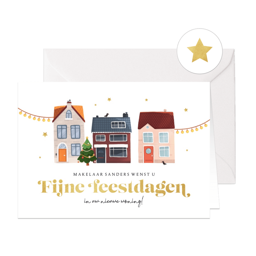 Zakelijke kerstkaart makelaar huizen sterren kerstboom - Kaartimpressie