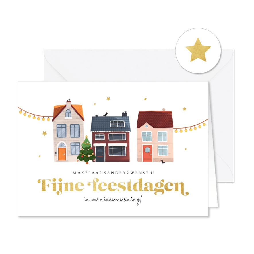 Zakelijke kerstkaart makelaar huizen sterren kerstboom - Kaartimpressie