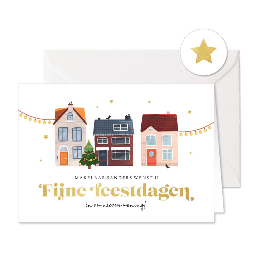 Zakelijke kerstkaart makelaar huizen sterren kerstboom - Kaartimpressie