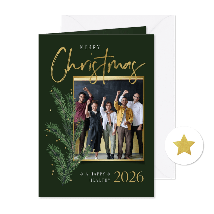 Zakelijke kerstkaart merry christmas goud dennentakje foto - Kaartimpressie