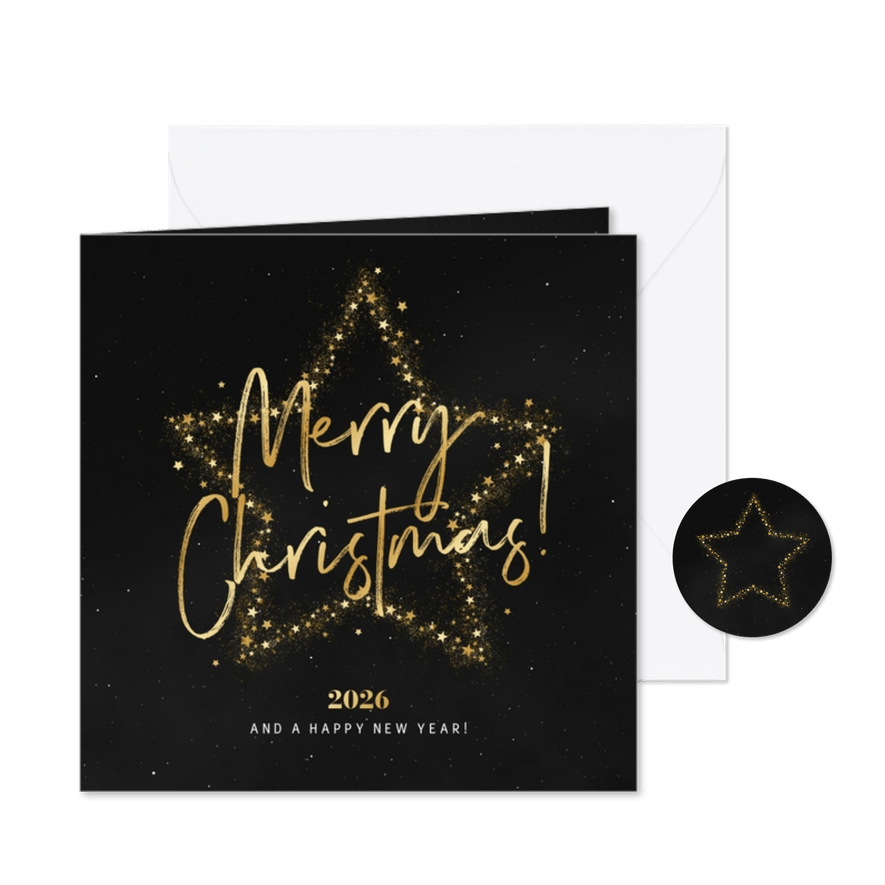 Zakelijke kerstkaart merry christmas goud ster 2026 - Kaartimpressie