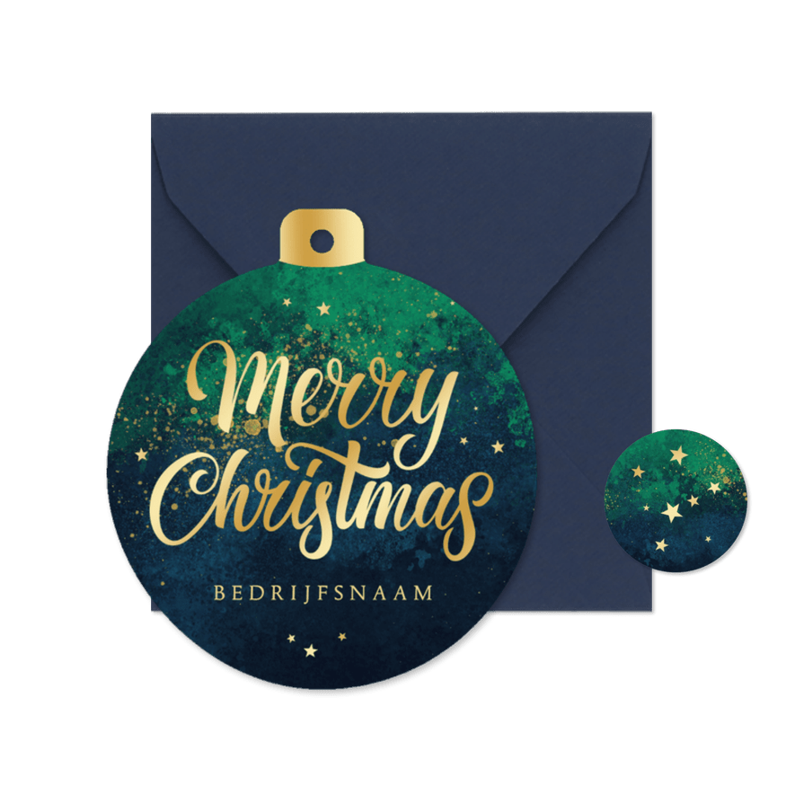 Zakelijke kerstkaart merry christmas kerstbal vorm goud - Kaartimpressie