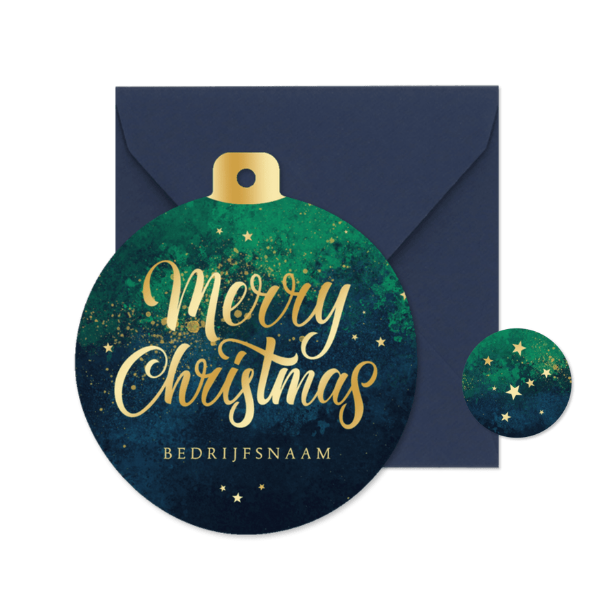 Zakelijke kerstkaart merry christmas kerstbal vorm goud - Kaartimpressie