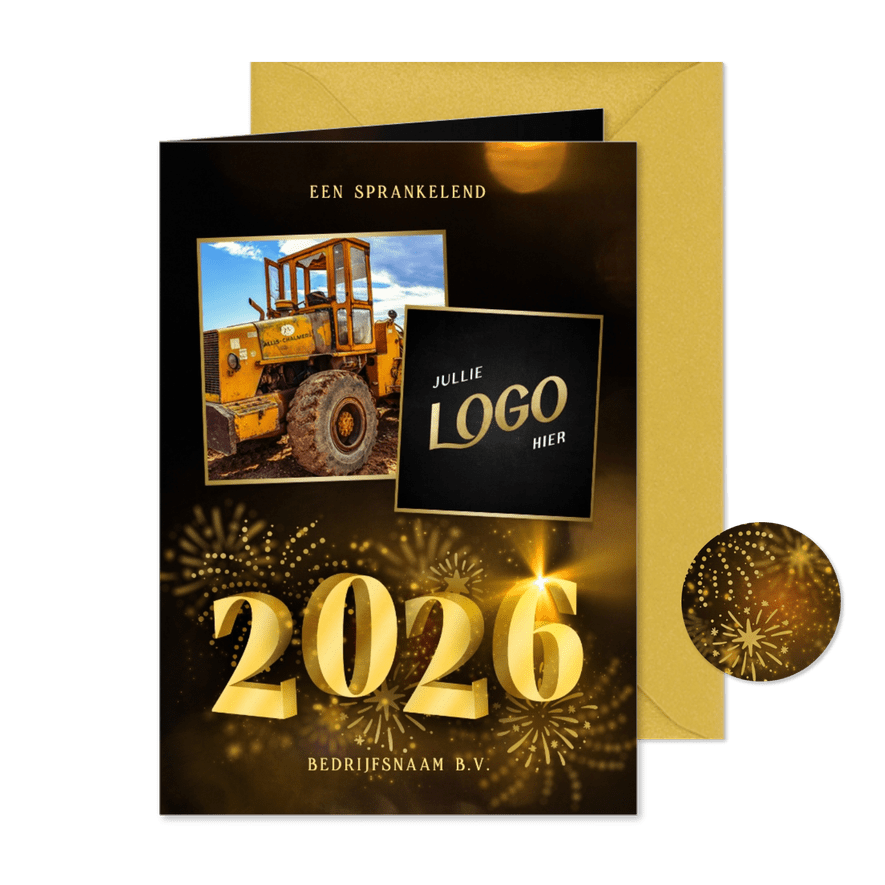 Zakelijke kerstkaart met 2026 3D met 2 foto's en vuurwerk - Kaartimpressie