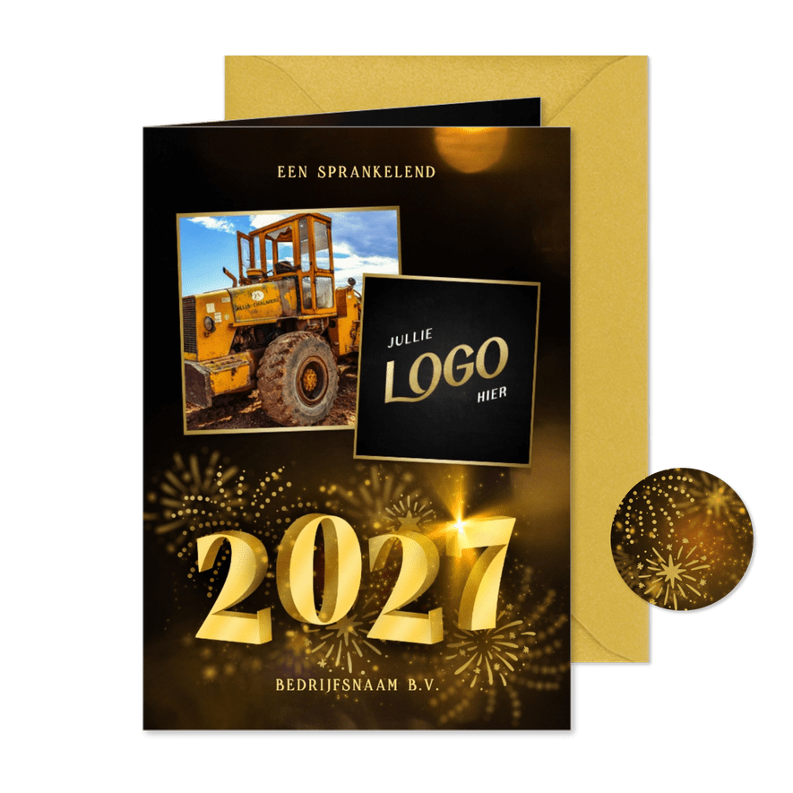 Zakelijke kerstkaart met 2027 3D met 2 foto's en vuurwerk - Kaartimpressie
