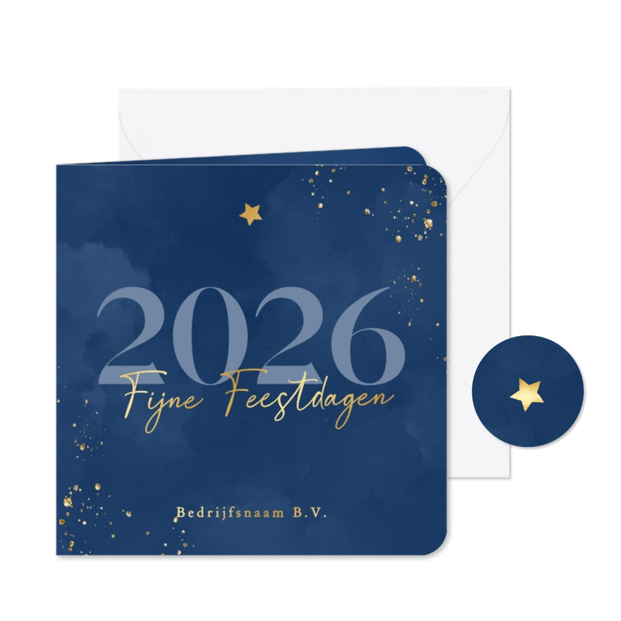 Zakelijke kerstkaart met blauwe waterverf en goudfolie - Kaartimpressie