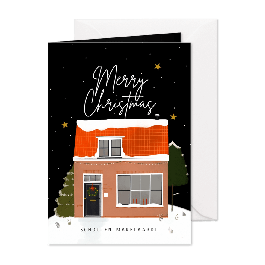 Zakelijke kerstkaart met een geïllustreerd huis in de sneeuw - Kaartimpressie