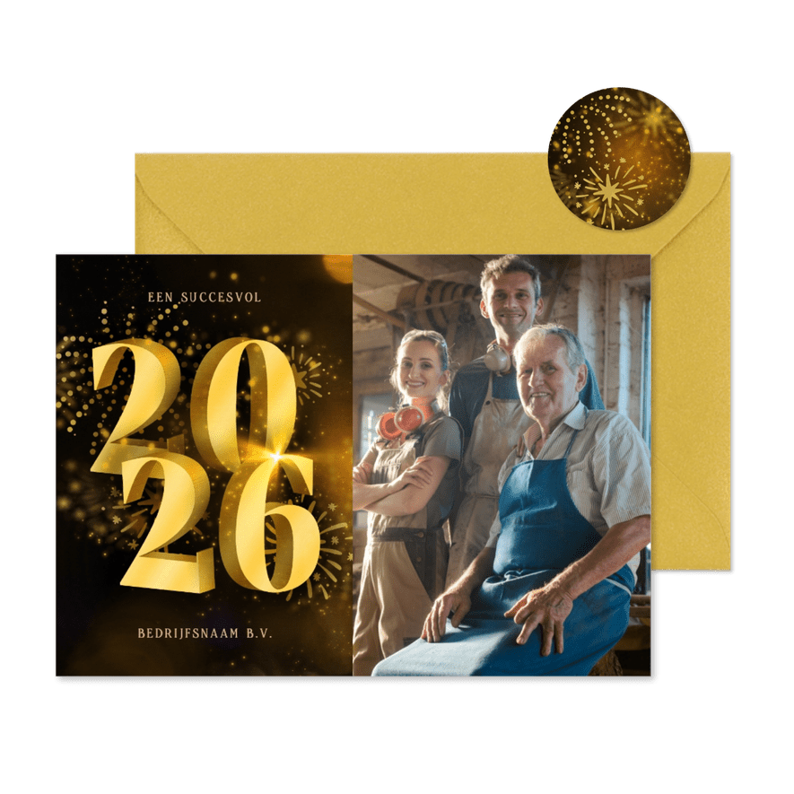 Zakelijke kerstkaart met foto 2026 3D en vuurwerk - Kaartimpressie