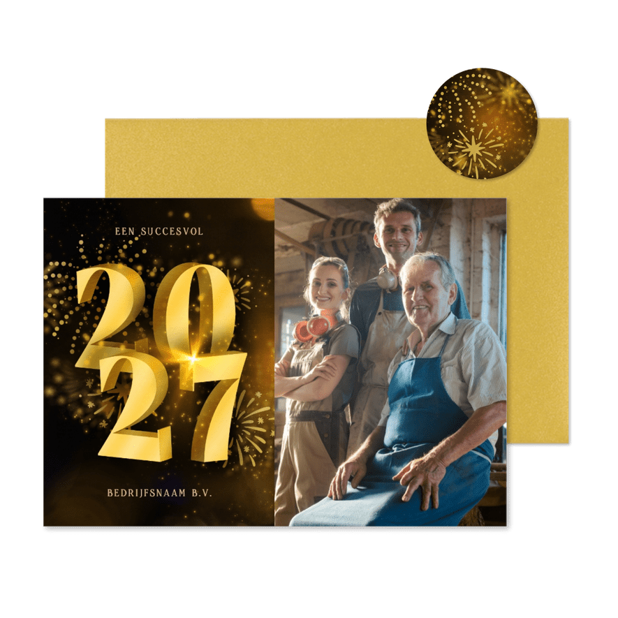 Zakelijke kerstkaart met foto 2027 3D en vuurwerk - Kaartimpressie