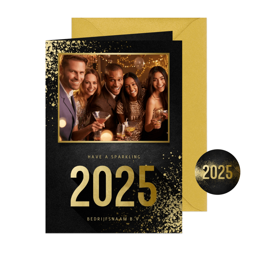 Zakelijke kerstkaart met foto goudlook 2025 en spetters - Kaartimpressie