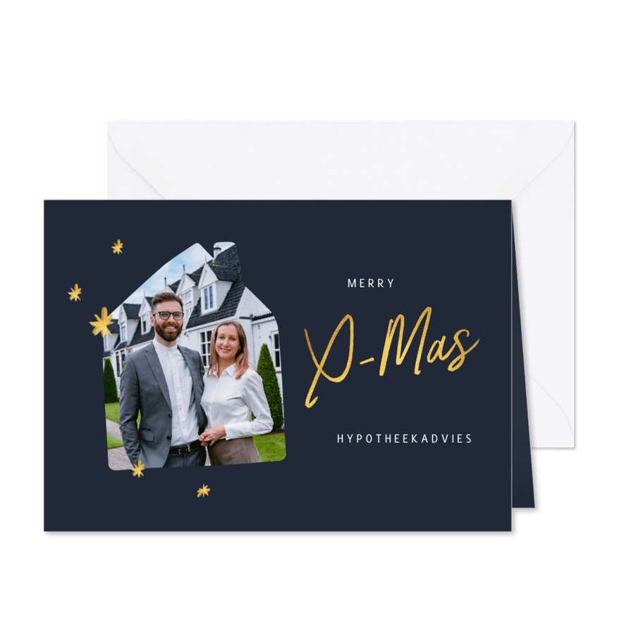 Zakelijke kerstkaart met foto huis en goudlook kerstboom - Kaartimpressie