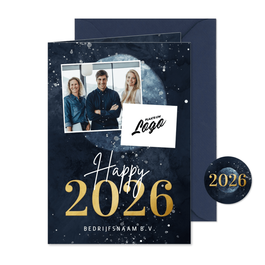 Zakelijke kerstkaart met foto, logo en waterverf wereldbol - Kaartimpressie