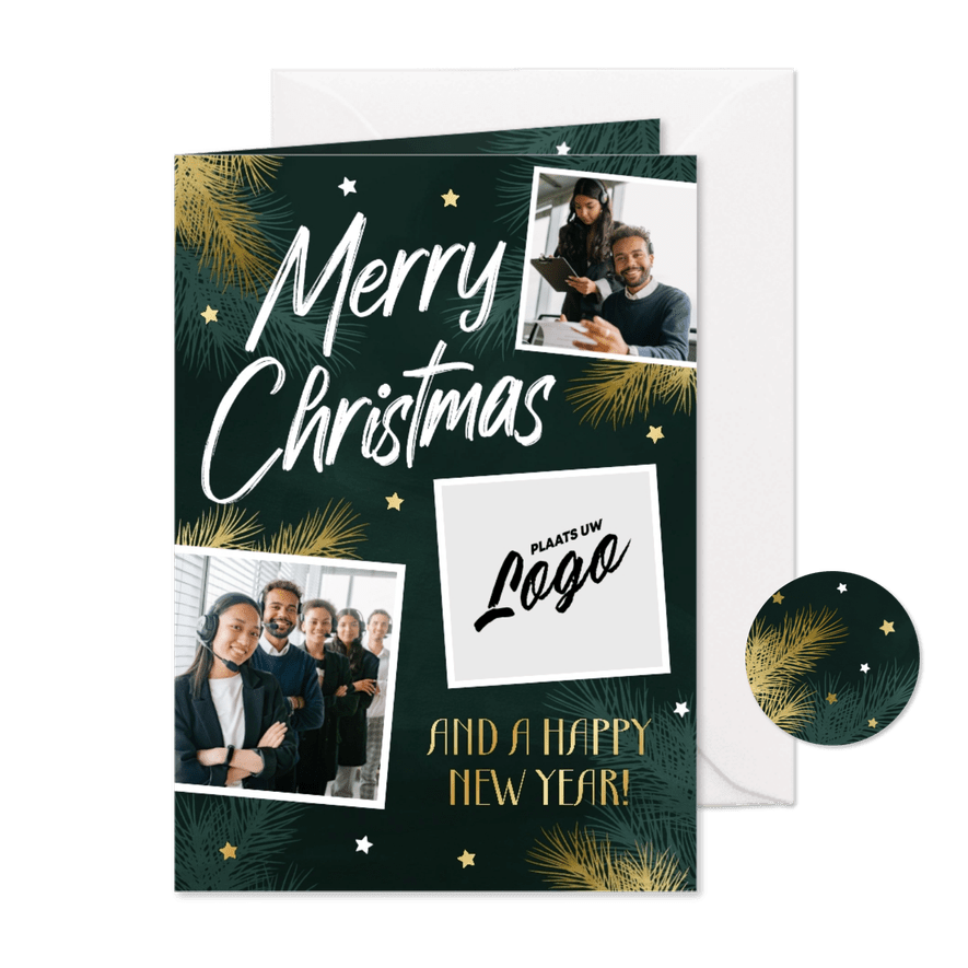Zakelijke kerstkaart met fotocollage en goudlook sterren - Kaartimpressie