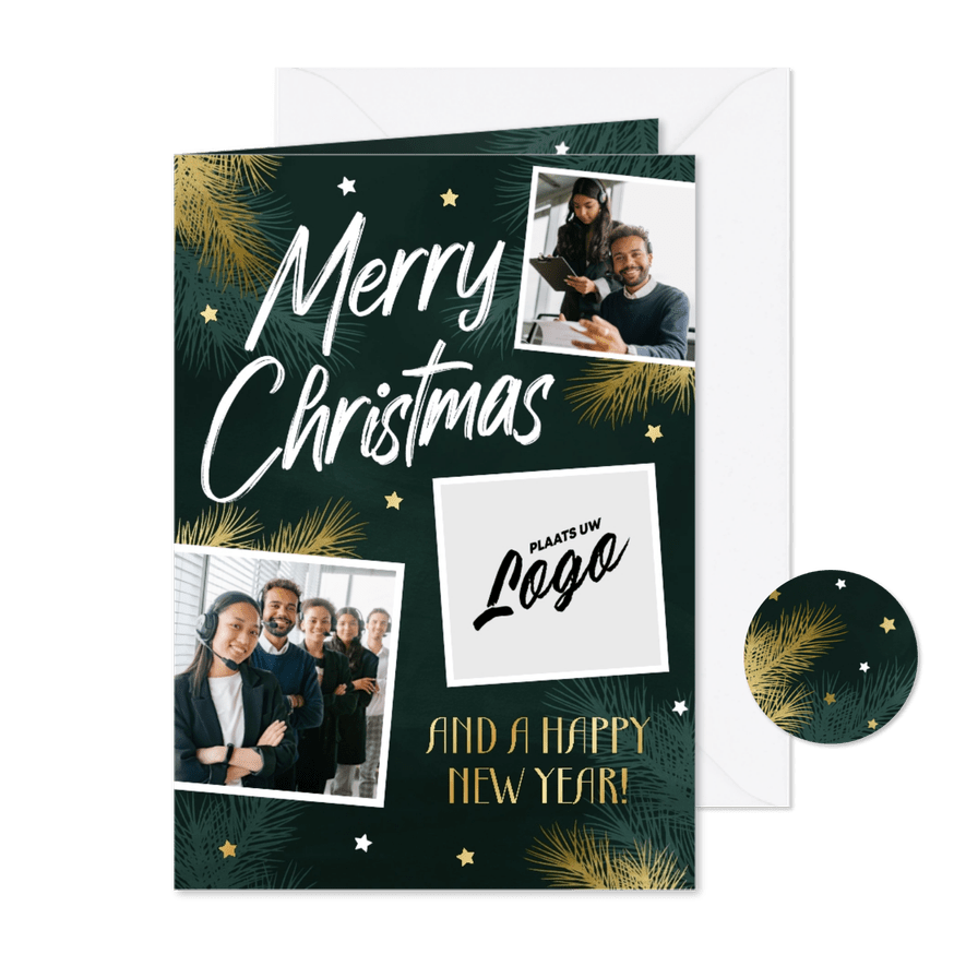 Zakelijke kerstkaart met fotocollage en goudlook sterren - Kaartimpressie