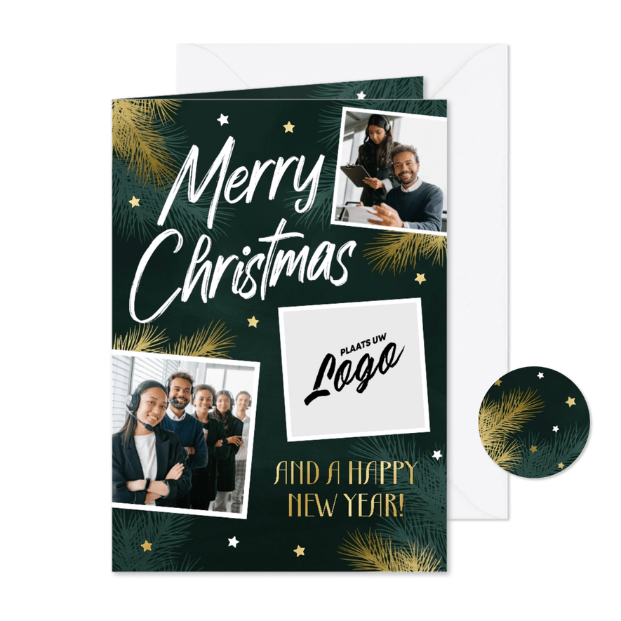 Zakelijke kerstkaart met fotocollage en goudlook sterren - Kaartimpressie