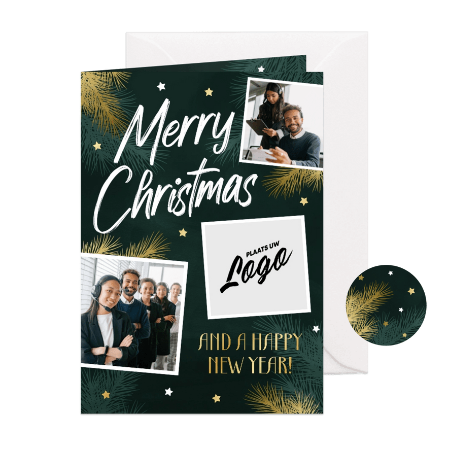 Zakelijke kerstkaart met fotocollage en goudlook sterren - Kaartimpressie