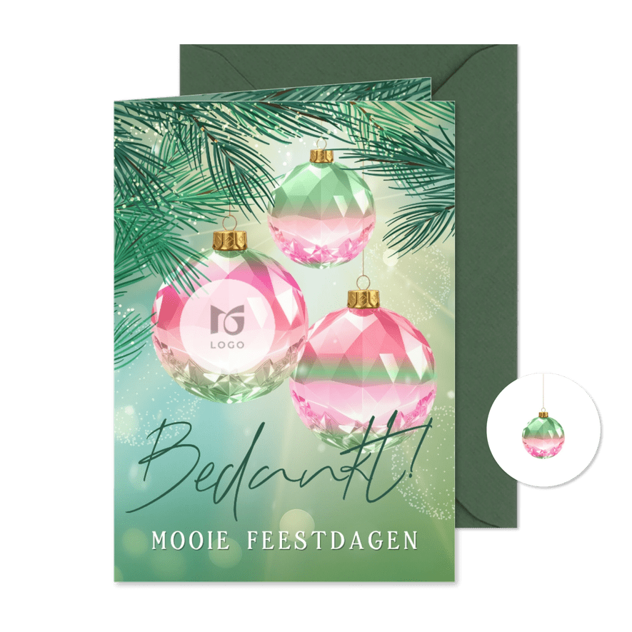 Zakelijke kerstkaart met gekleurde kristallen kerstballen - Kaartimpressie