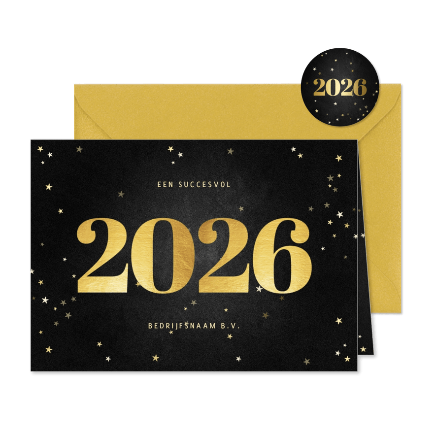 Zakelijke kerstkaart met gouden 2026 en sterren - Kaartimpressie