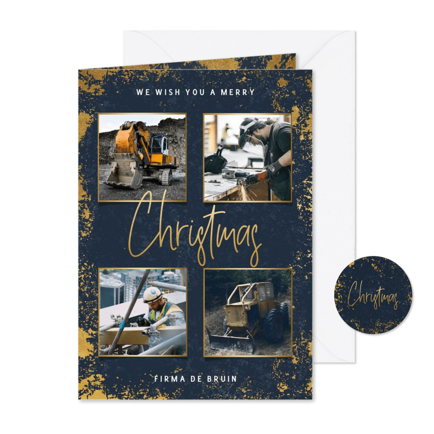 Zakelijke kerstkaart met gouden kader, foto's en typografie - Kaartimpressie