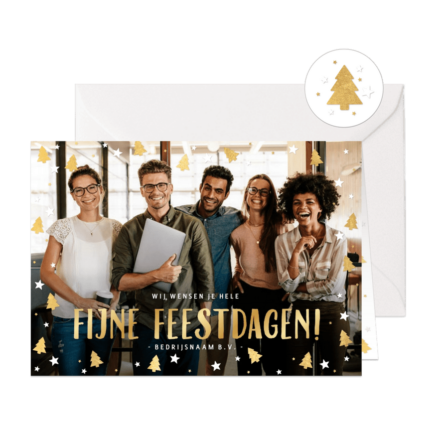 Zakelijke kerstkaart met gouden kerstboompjes en eigen foto - Kaartimpressie