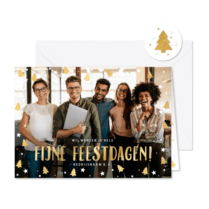 Zakelijke kerstkaart met gouden kerstboompjes en eigen foto - Kaartimpressie