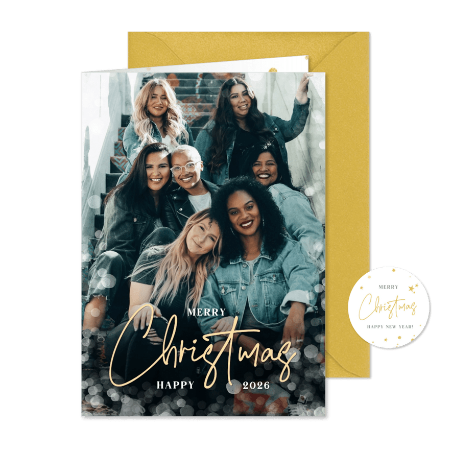 Zakelijke kerstkaart met grote eigen foto en sneeuwkader - Kaartimpressie