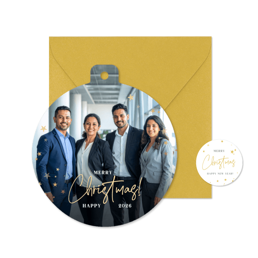 Zakelijke kerstkaart met grote foto - kaart in kerstbal vorm - Kaartimpressie