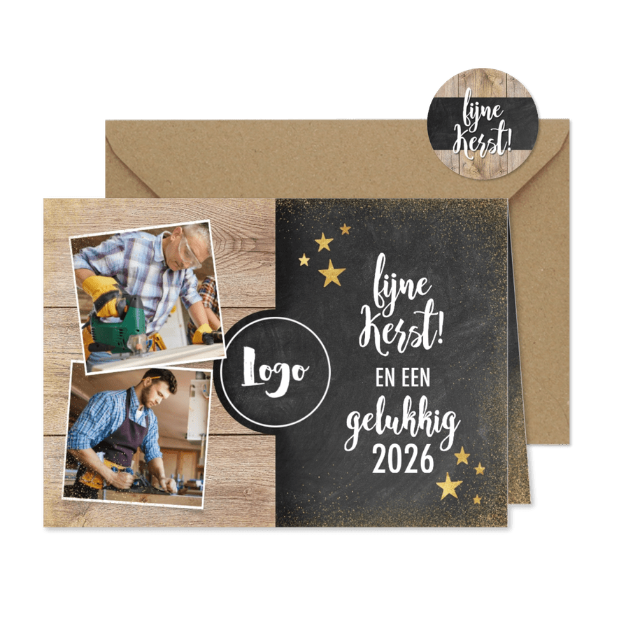 Zakelijke kerstkaart met hout, krijtbord, foto's en logo - Kaartimpressie